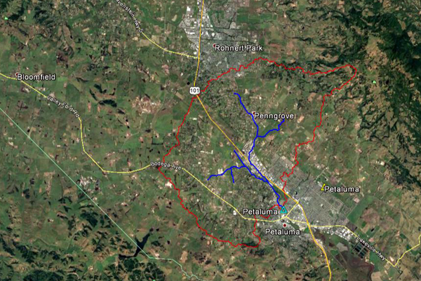 Aerial view of Petaluma river basin.