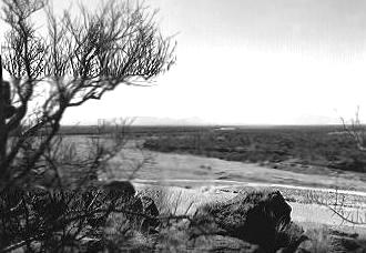 Two snapshots, left (1942) and right (1989), of the same reach
of the Santa Cruz river, south of Tucson, Arizona.