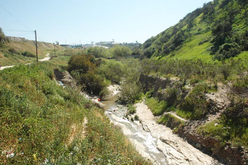 Downcutting to bedrock  at Aguaje de la Tuna, Tijuana, Baja California, Mexico
(note sediment retention basin in the background)