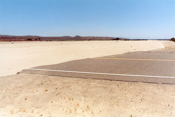 Washed out Indian Trail Road crossing on the Mohave river, Helendale, California. 