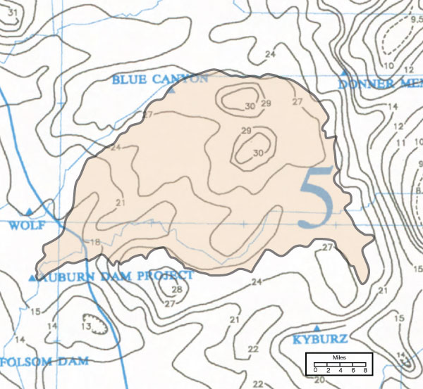 Delineation of Auburn dam drainage basin on the general-storm PMP index map 