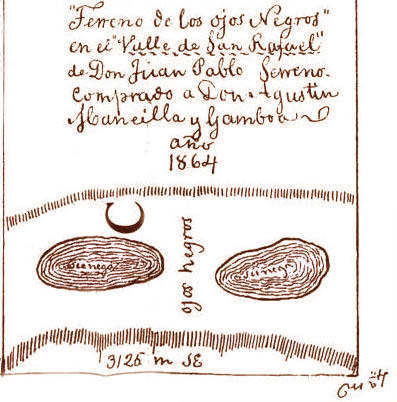 Map showing the two oval-shaped swamps
that gave their name to the Ojos Negros valley