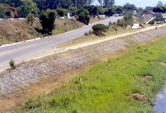 View of the left bank, showing the gabion structures.