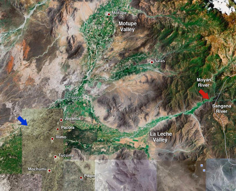 Satellite image of the La Leche river between upstream end (read arrow) and downstream end