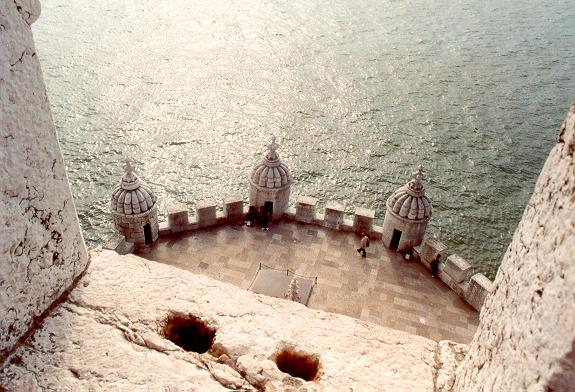 Looking down from Torre de Belem, on the Tagus estuary, Lisbon, Portugal.