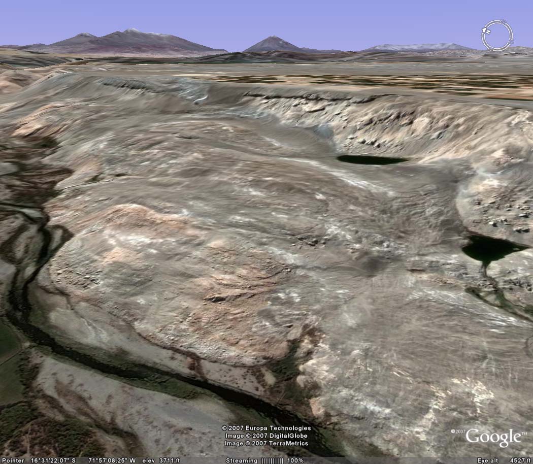 Closeup of La Cano slide zone, showing river on bottom center left, lagoons on right, and irrigated pampas on top