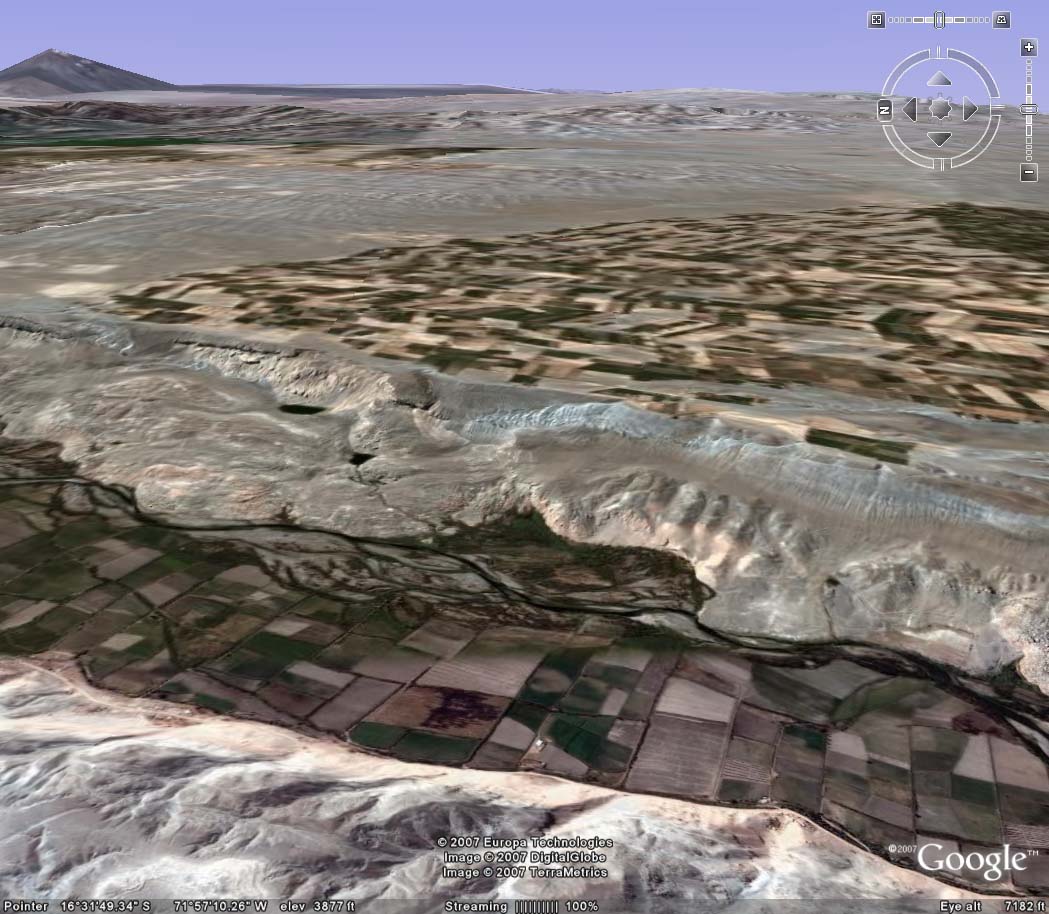 Side view of La Cano slide zone, showing river on bottom, lagoon on center top, and irrigated pampas on top. 